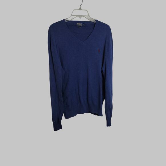 M759) Polo Ralph Lauren Men's Blue V Neck Pima Cotton Pullover Sweatshirt Large - Picture 1 of 8